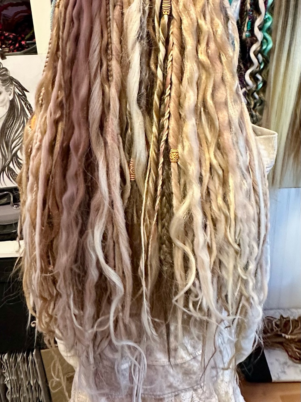 Boho Blonde Synthetic Dreadlock Hairpiece with Beads & Feathers - Picture 13 of 17